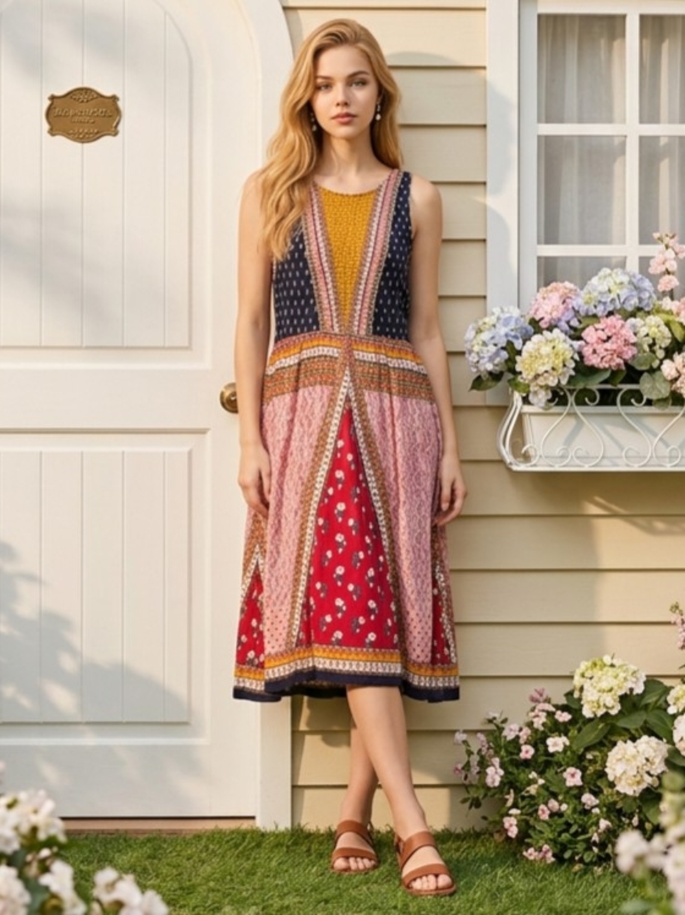 Patrons of Peace Multicolor Patchwork Midi Dress - Red, Navy, Mustard